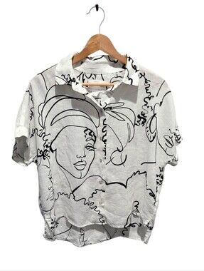 House of Harlow 1960 Linen Abstract Face Button Down Shirt Small